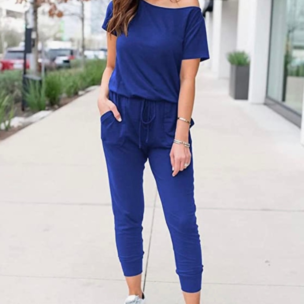 Women's Loose Solid Romper Off Shoulder Elastic Waist Stretchy Long Jumpsuit